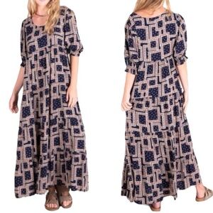 Natural Life Collette Tiered Maxi Dress Navy Scarf Print Size XS Beachy Boho